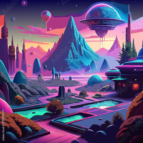 Vibrant alien landscape with futuristic city and flying saucer