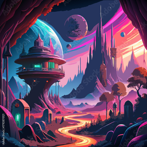 Vibrant alien landscape with futuristic structures and celestial bodies