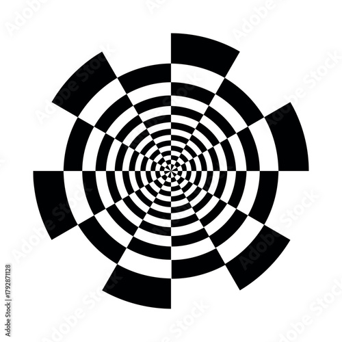 A concentric circle pattern with alternating black and white segments and radial cutouts in the outer ring