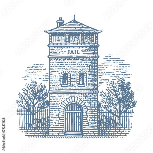 Brick tower and barred entrance. Vintage woodcut linocut engraving style vector illustration.