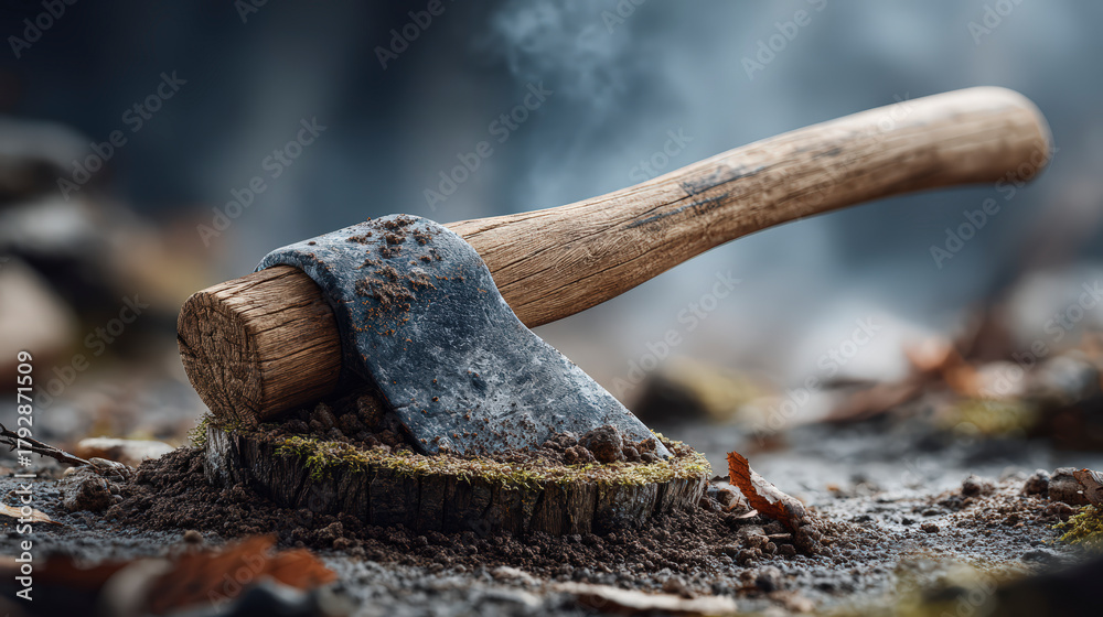 Fototapeta premium An old axe with a wooden handle rests on a moss-covered tree stump in a misty, wooded area.