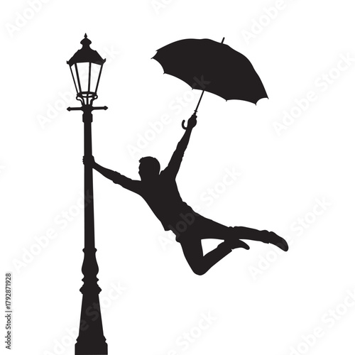 Silhouette shows a man with umbrella leaping from a lamppost, set against transparent backdrop