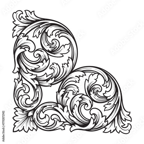 Intricate floral filigree pattern adorns the upper left corner with a flowing, elegant design on white