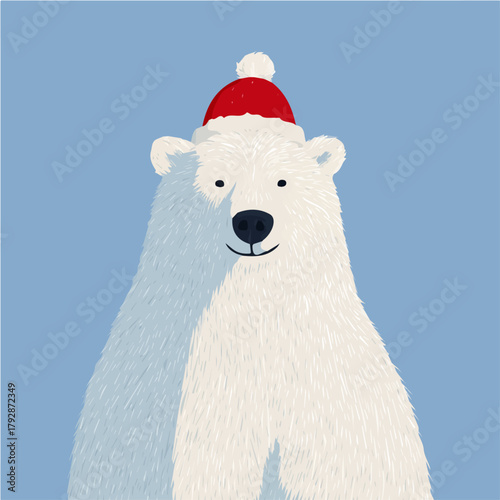 A hand drawn Simple flat 2D illustration of vibrant polar bear with hat illustration isolated on a white background, vector icon set, simple design in a flat design, simple 2D illustration, EPS format