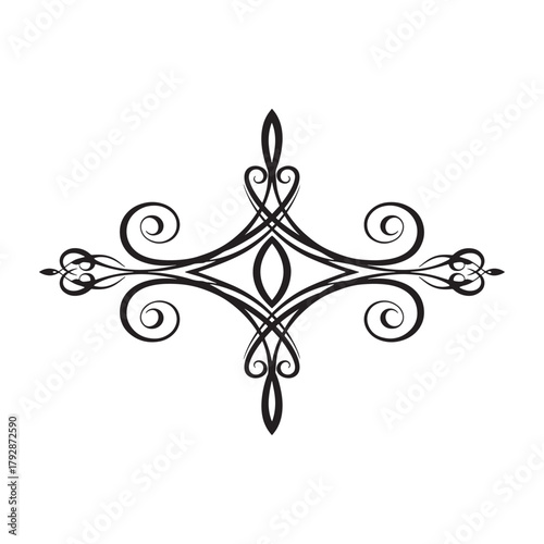 A refined black vector flourish featuring curved swirls, loops, and symmetrical ornamental elements. This elegant decorative design is perfect for invitations, logo accents, certificates, vintage 
