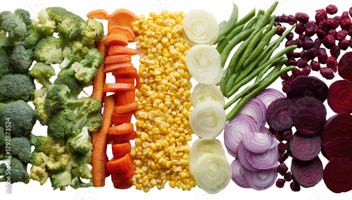 Colorful array of sliced vegetables
