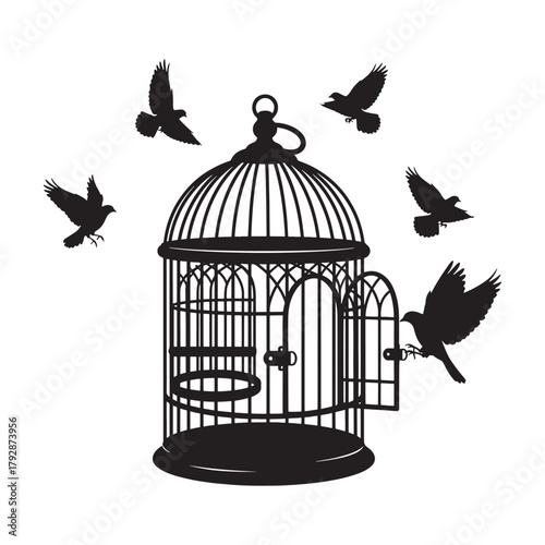 This vector illustration features a classic open birdcage with several birds flying freely around it, symbolizing liberation, hope, freedom, and letting go. The clean black silhouette design makes