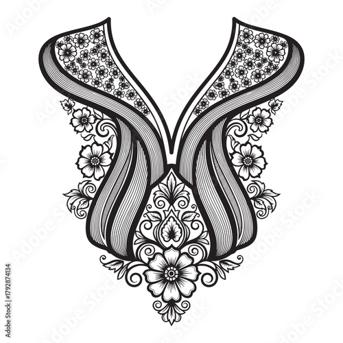 This beautifully crafted neck embroidery vector features an intricate combination of floral motifs, ornamental swirls, and detailed linework. Designed in a stylish monochrome finish with smooth curves