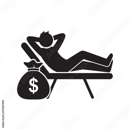 This vector illustration features a simplified silhouette of a person relaxing on a lounge chair beside a money bag, symbolizing wealth, financial freedom, passive income, and success.