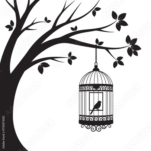 This elegant silhouette illustration features a small bird inside a decorative hanging cage suspended from a tree branch. The minimal black-and-white style creates a beautiful vintage and poetic