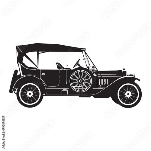 This vintage classic car silhouette illustration features an old-fashioned open-top automobile with detailed wheels, headlights, and bodywork. The retro design captures the charm of early 20th-century