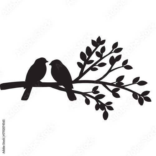 This elegant silhouette illustration features two birds sitting closely together on a leafy tree branch. The simple black-and-white vector style creates a peaceful and romantic atmosphere,