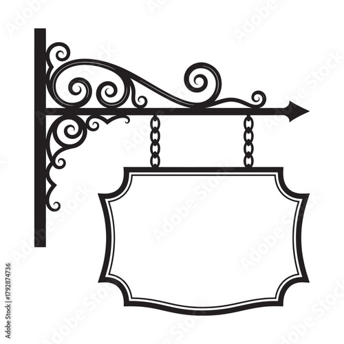 This vector illustration features a vintage hanging signboard suspended from an ornate wrought-iron bracket. The decorative scrollwork and classic frame outline give it an elegant, old-fashioned