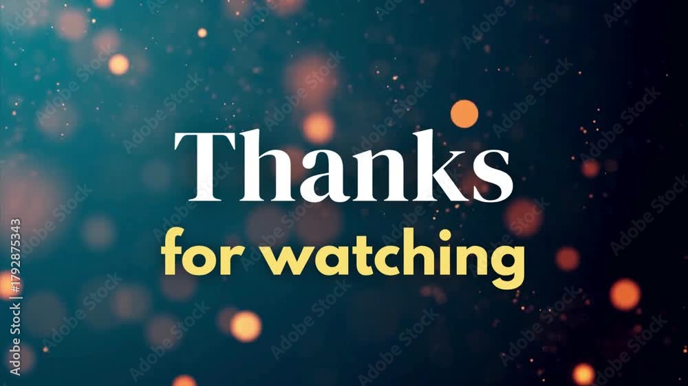 Animated video outro screen with sparkling golden bokeh particles on dark background.