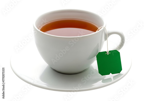 A white ceramic cup filled with hot amber tea and a green tea bag on a matching saucer isolated on transparent background