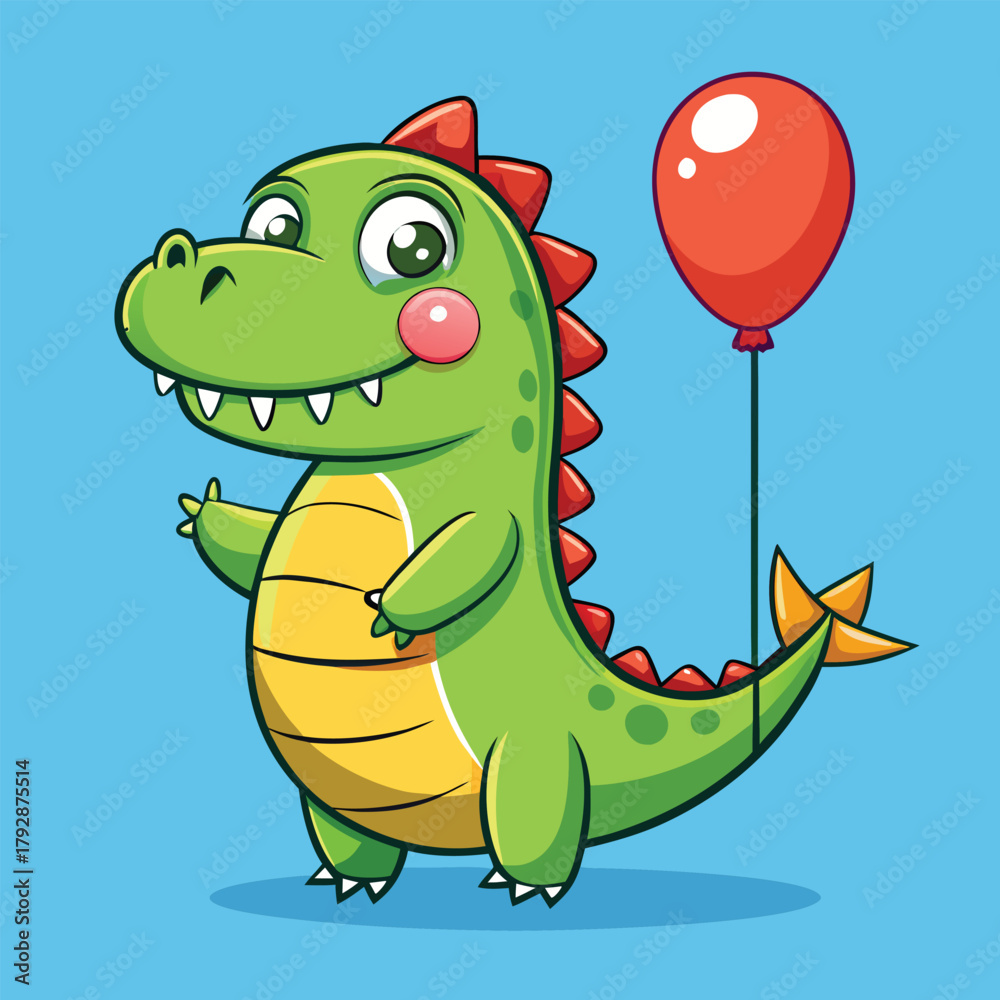 Fototapeta premium Adorable cartoon green dinosaur character holding a red balloon