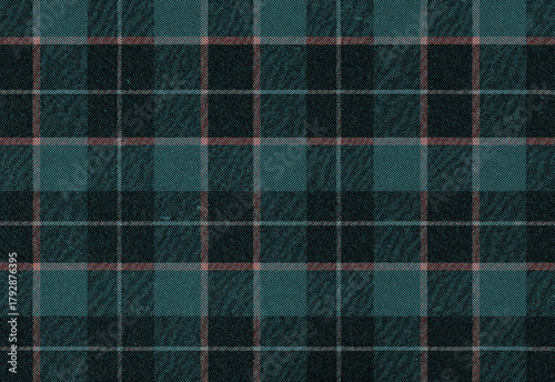 Close up of a dark teal and green plaid fabric texture with subtle red grid lines, a soft wool weave suitable for fashion, upholstery, crafts, and cozy winter apparel design