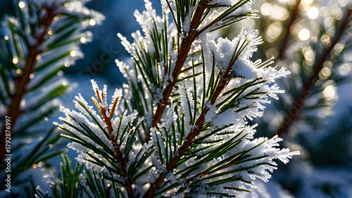 Close up of frost covered pine needles in soft sunlight
