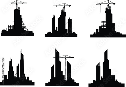 Skyscraper construction vector, building development stages, crane and scaffolding silhouette, urban architecture, infrastructure growth, modern city skyline, engineering concept