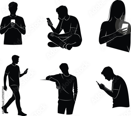 Smartphone usage silhouette vector illustration, modern digital lifestyle, mobile interaction poses, black and white graphic art, tech behavior concept, everyday connectivity
