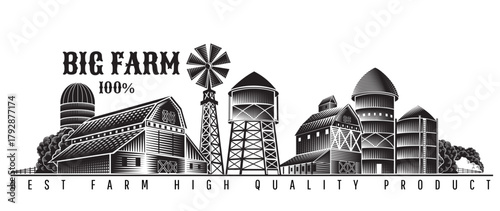 Monochrome vector illustration of a farm with barns, silos, wind turbine, water tower