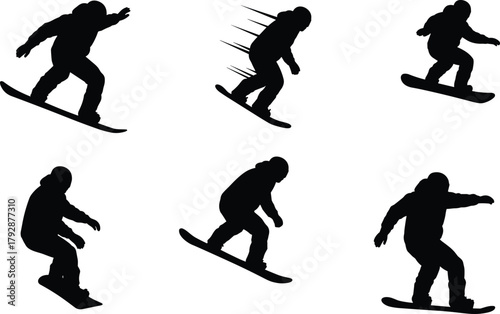 Snowboarder Silhouette Vector Set, Black and White Winter Sports Illustrations, Extreme Motion, Mountain Adventure, Snowboarding Action, Outdoor Athlete Icons