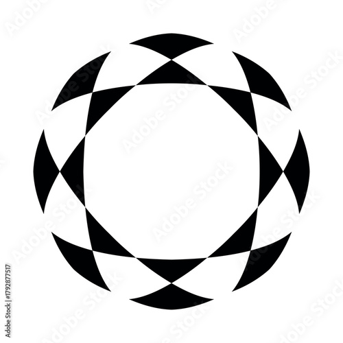A geometric pattern featuring a circular arrangement of black triangles and curved shapes on a white background