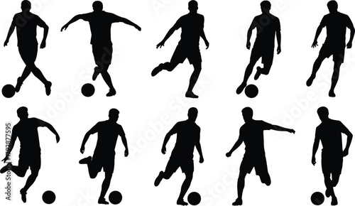 Soccer player silhouette vector set, black football action poses, dribbling, kicking, isolated sports icons for training, motion, athletic design
