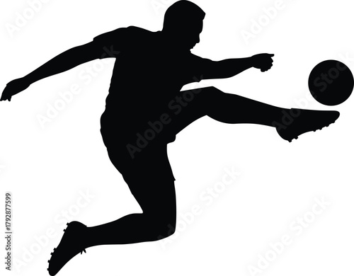 Soccer player silhouette kicking ball, dynamic action pose, sports vector illustration, athletic movement, football concept, black graphic design element