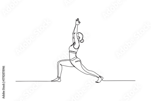 Elegant single line drawing of a woman in a warrior yoga pose
