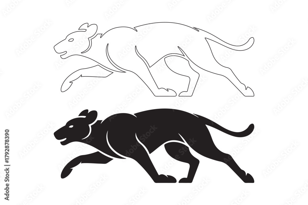 Fototapeta premium Stylized silhouette and outline of a running panther or big cat