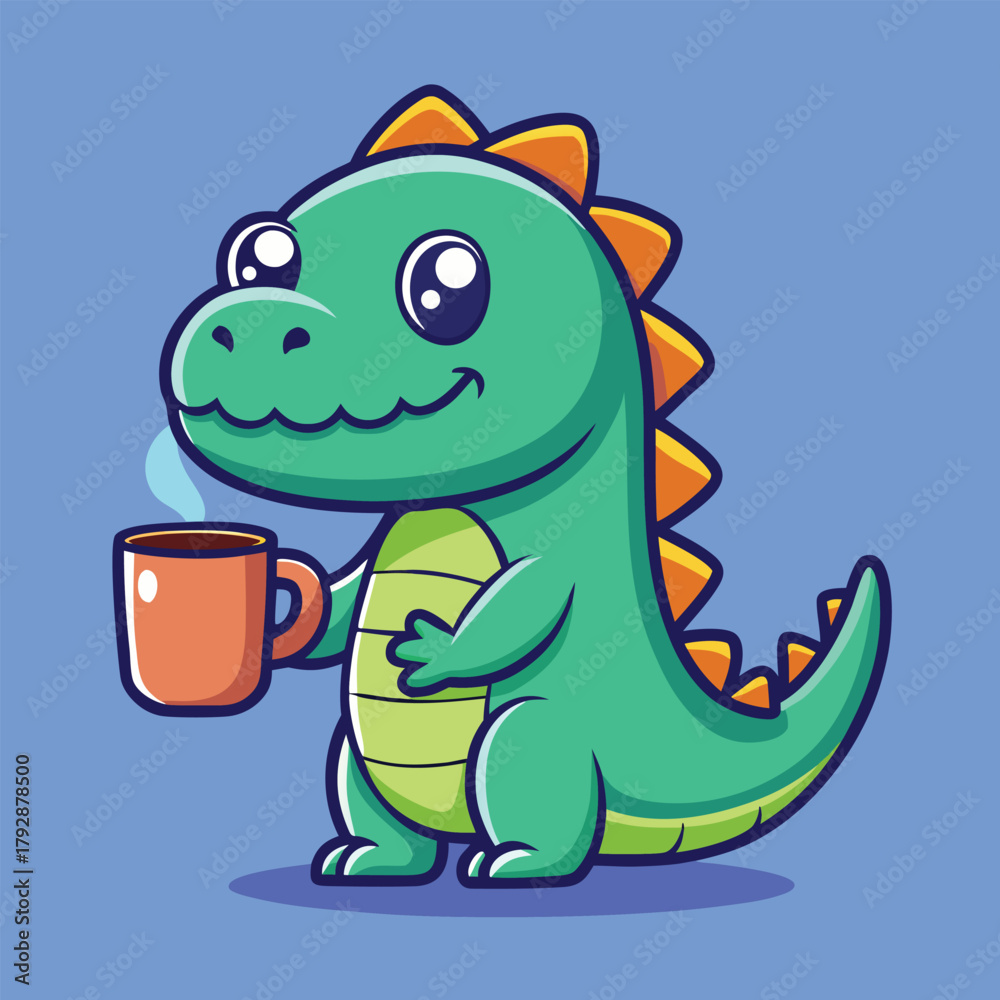 Fototapeta premium Cute happy cartoon dinosaur character holding a steaming hot mug