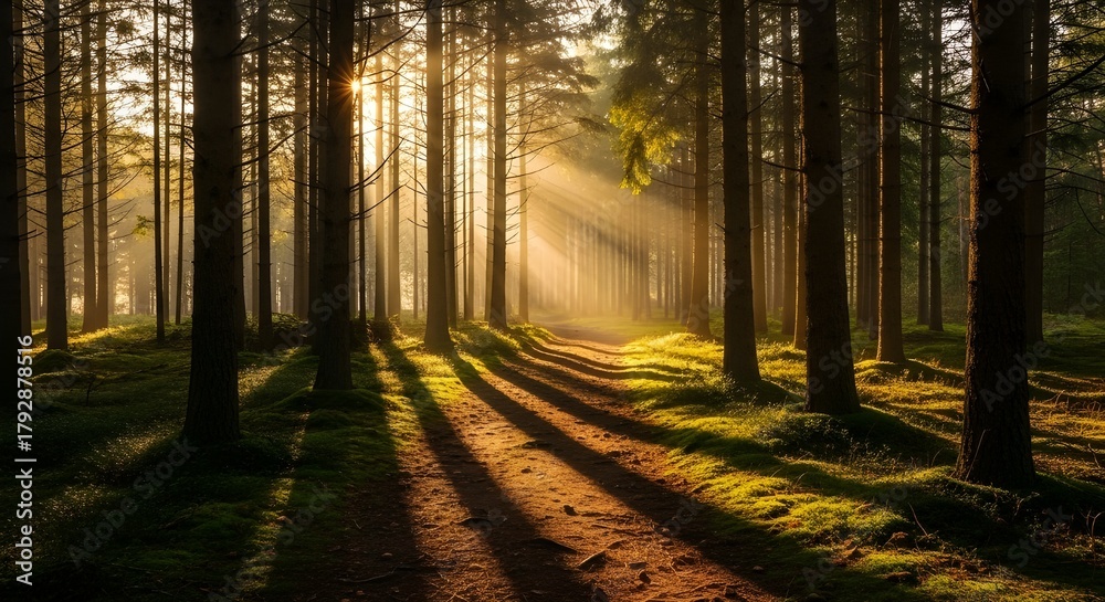 Fototapeta premium Rayos de sol en el camino del bosque de pinos; luz de la mañana