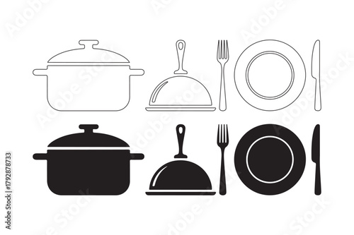 Set of kitchenware and tableware icons in outline and silhouette styles