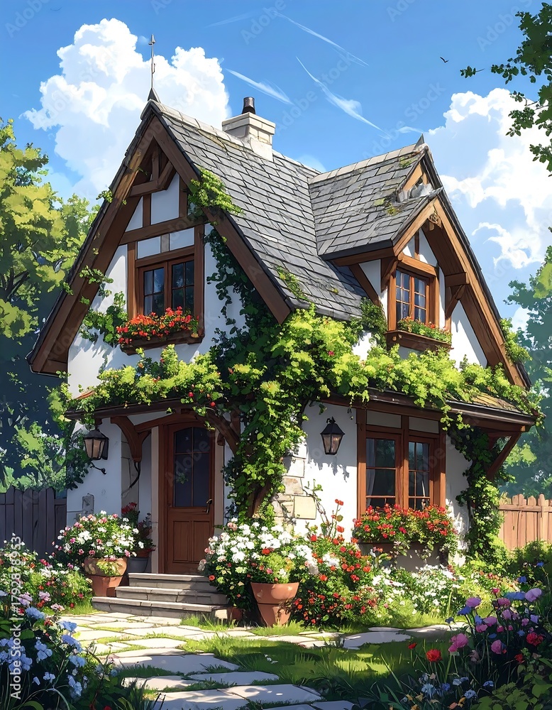 Fototapeta premium Quaint cottage with climbing vines and lush floral gardens under a blue sky.