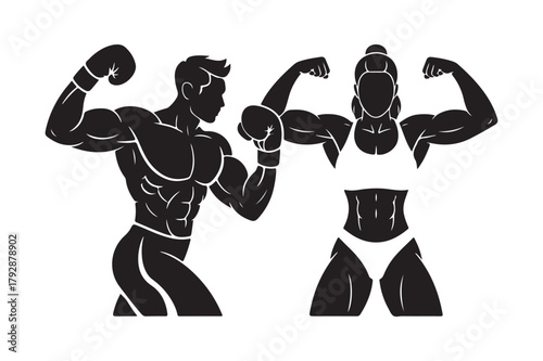 Silhouettes of a muscular man and woman showing off biceps and abs
