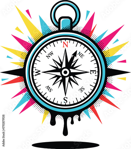 Vintage Compass Vector Illustration in Pop Art Comic Style with North Star, Vibrant Explosion Background, and Halftone Details