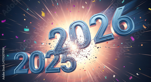 Energetic shift from 2025 to 2026, marking a grand celebratory explosion of confetti and light for a bright, dynamic new chapter