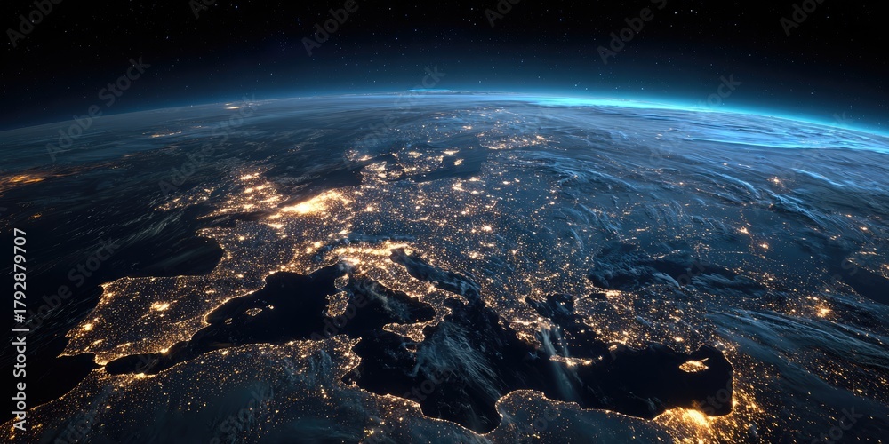 Obraz premium Earth at night Europe and Mediterranean, city lights glowing, space view