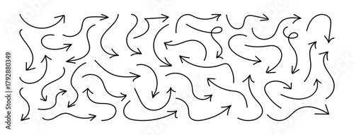 Collection of hand drawn doodle thick arrows in different directions. Set of simple lines hand drawn black arrows. Various of simple lines arrows collection