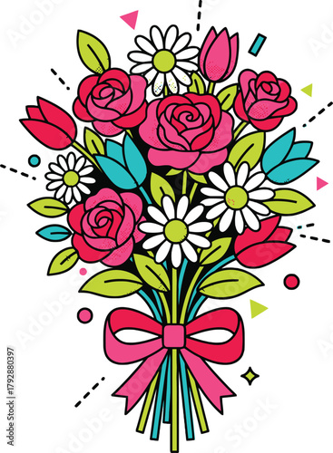Wallpaper Mural Retro Flower Bouquet Vector Illustration in Pop Art Style with Pink Roses, Daisies, Tulips, and Ribbon for Celebration Torontodigital.ca