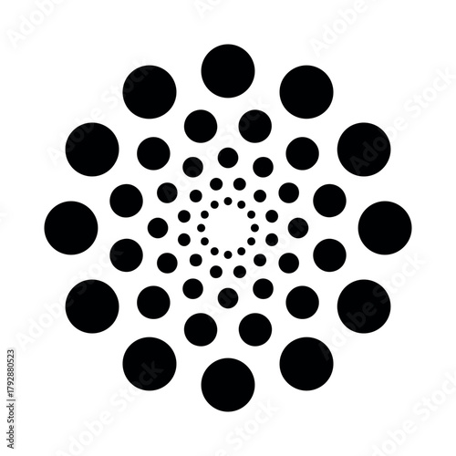 A symmetrical black and white pattern of circles arranged in a spiral formation on a white background