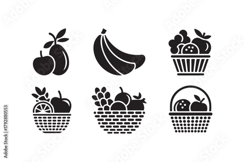 Collection of stylized fruit icons in baskets and as individual items