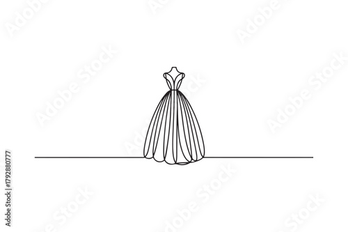Elegant black and white illustration of a flowing gown on a mannequin
