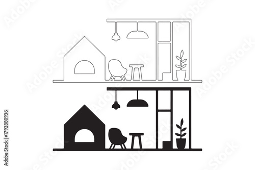 Modern interior design sketch with pet house and furniture line art