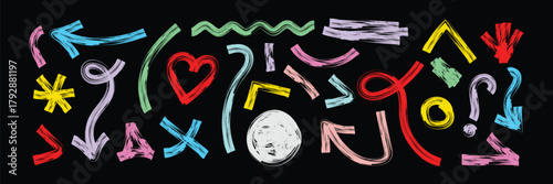 Set of  colorful Hand drawn doodle design elements, charcoal or pencil drawn marks. Paint brush stroke. Grunge brush strokes with distressed textures in rough hand drawn ink styles for dirty borders,