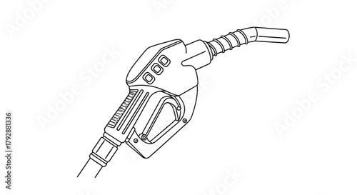 Close up line drawing of a gas pump nozzle with a ribbed hose, against a white background.