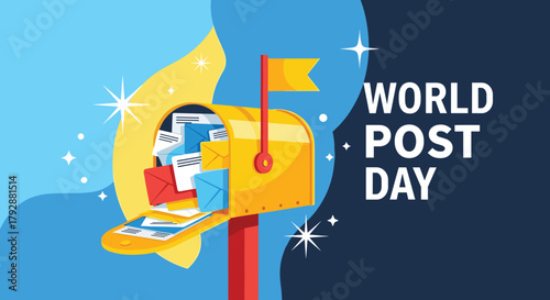 Happy World Post Day illustration featuring a mailbox overflowing with letters and envelopes.