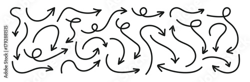 Collection of hand drawn doodle thick arrows in different directions. Set of simple lines hand drawn black arrows. Various of simple lines arrows collection