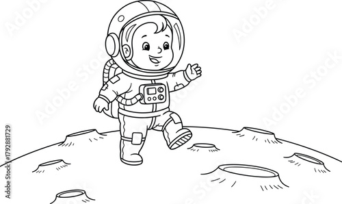 Happy little astronaut walking on the moon surface exploring outer space adventure in cute cartoon illustration